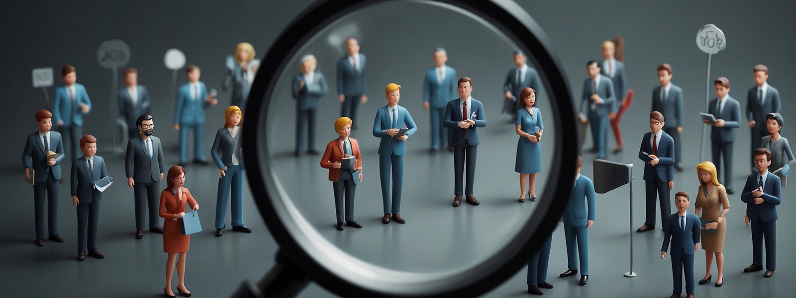 A magnifying glass highlighting professionals in a recruitment process.