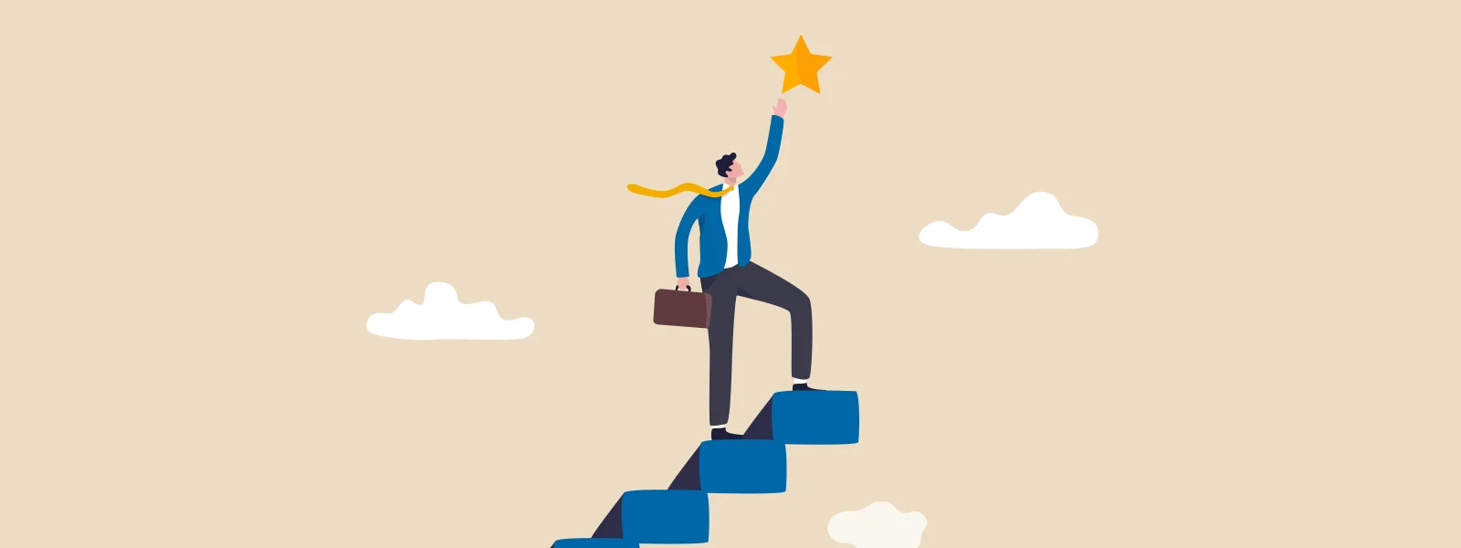 An illustration of a man reaching the top of the corporate ladder and reaching for a star