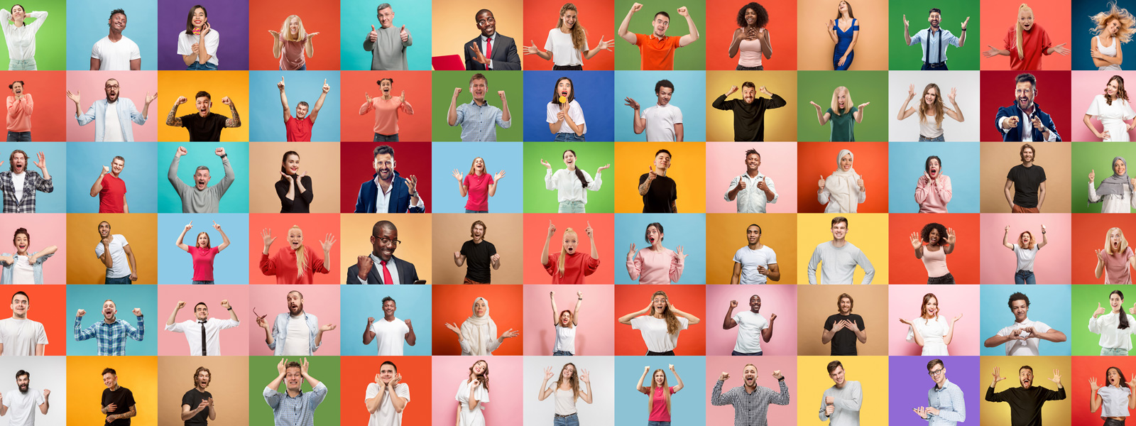 A collage of happily surprised people on colorful backgrounds