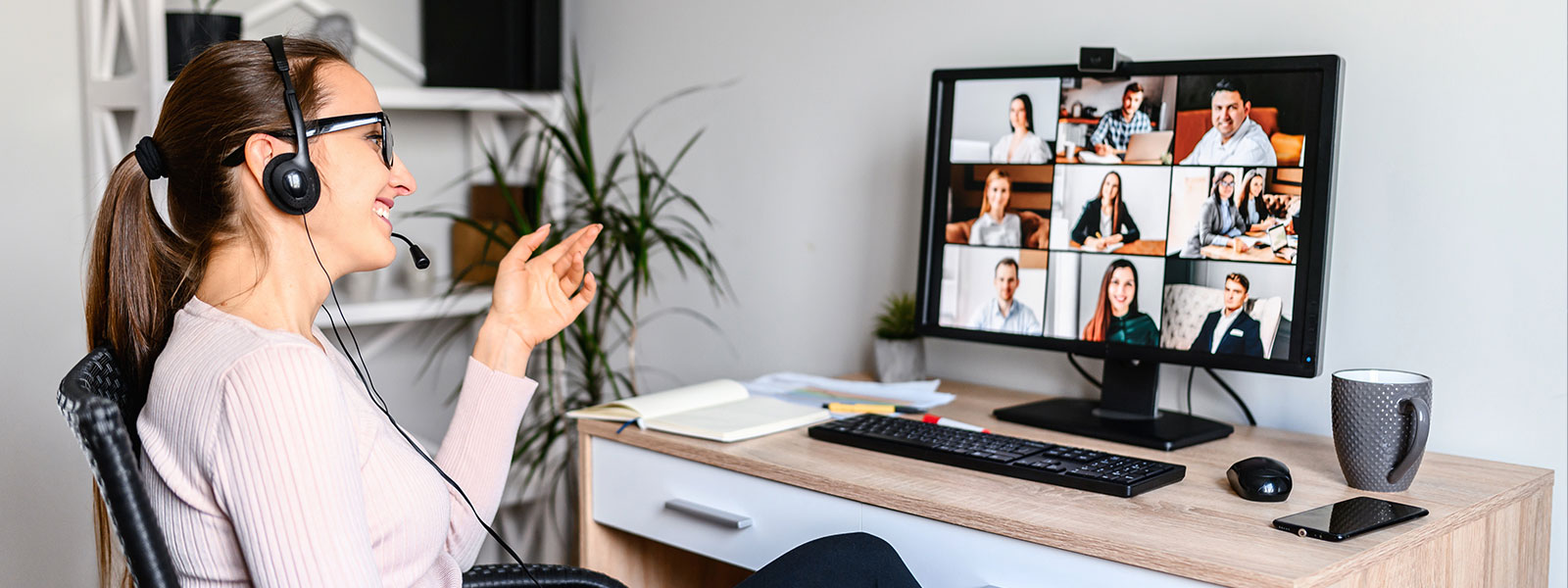 happy coworkers meet remotely