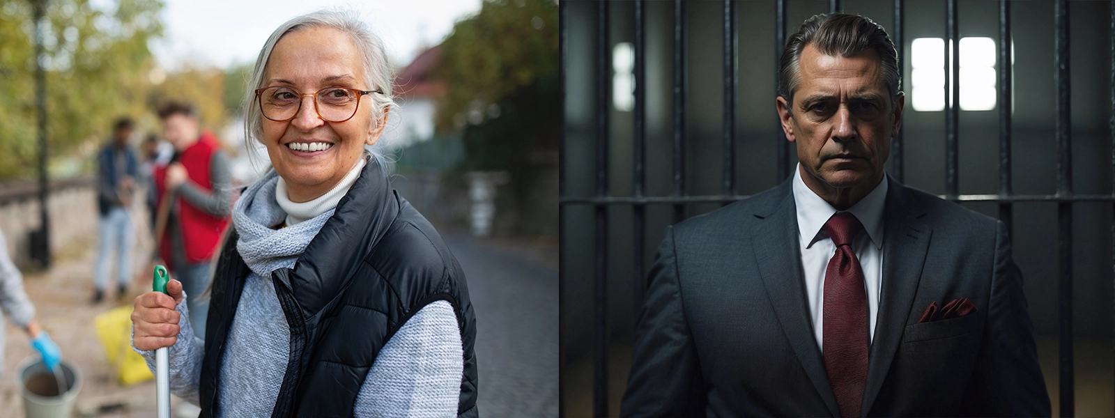 A side by side photo of an NGO worker in the field vs a government official in jail