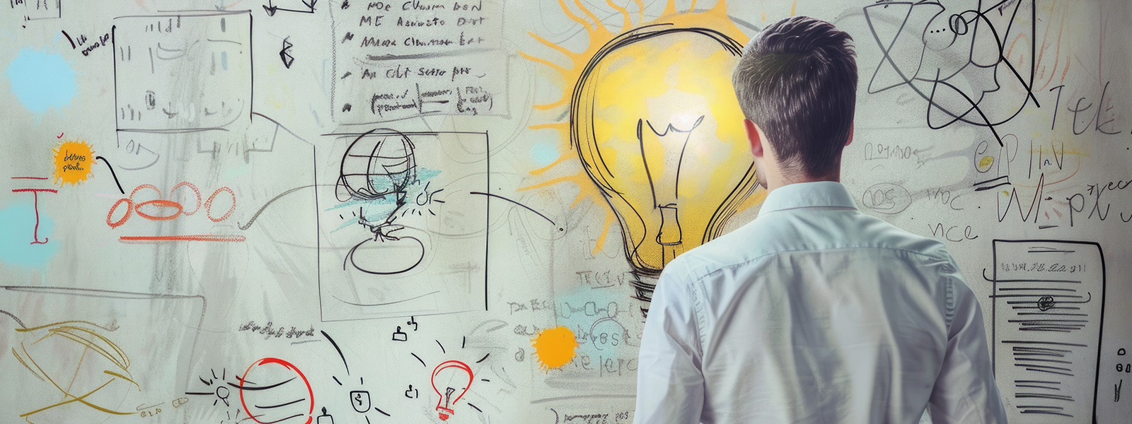 A man in a white shirt stands in front of a whiteboard filled with sketches, diagrams, and notes. A large, glowing lightbulb illustration represents an idea or inspiration.